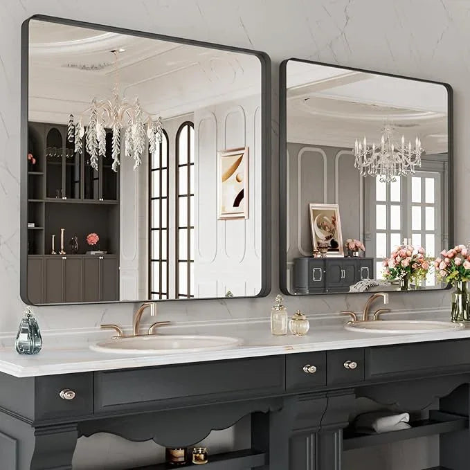 LOAAO 40X38 Inch Black Metal Framed Bathroom Mirror for Wall, Matte Black Bathroom Vanity Mirror Farmhouse, Anti-Rust, Tempered Glass, Hangs Horizontally or Vertically - ModernBath