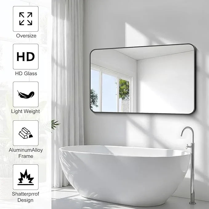 BONEWEI 30x48 inch Bathroom Mirror,Black Rectangle Mirror,Wall Mounted Bathroom Frame Vanity Mirror with Round Corner for Bedroom Living Room, Entryway Hangs Horizontal or Vertical - ModernBath