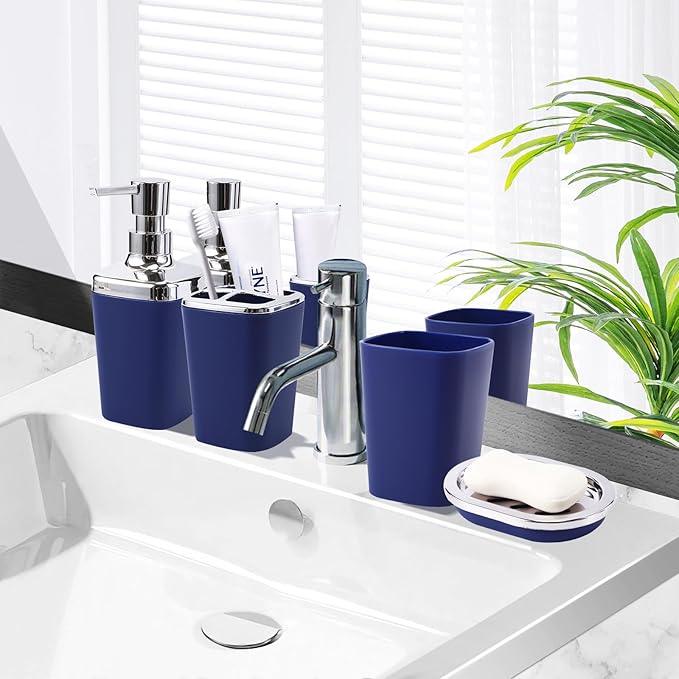 XLHOMO Blue Bathroom Accessories Set, Bathroom Sets with Shower Curtain, Navy Blue Bathroom Accessories with Trash Can, Soap Dispenser, Soap Dish, Toilet Brush Holder, Qtip Holders for Bathroom - ModernBath