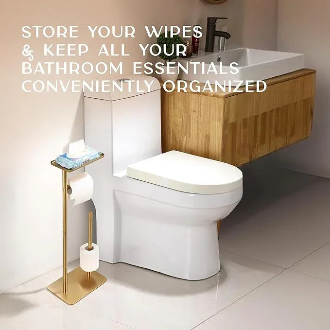 Day Moon™ Gold Toilet Paper Holder Free Standing Toilet Paper Holder with Storage - Toilet Paper Stand and Tissue Holder for Bathroom - Toilet Paper Holder with Shelf and Wipe Holder - ModernBath