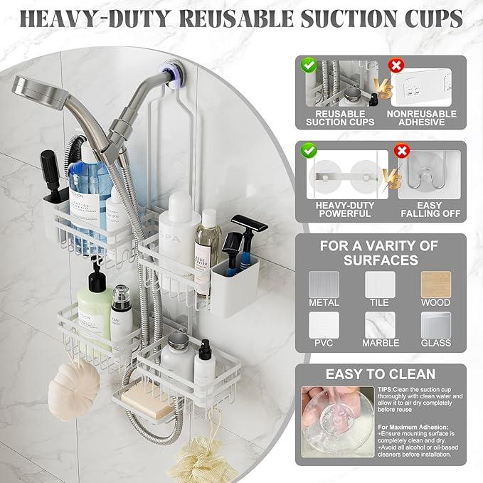 STAHLHEART Shower Caddy Hanging for Bathroom Organizers and Storage - 3-Tier Adjustable Anti-Swing Shower Organizer Hanging with Heavy-Duty Suction Cups, Damage-Free Rustproof (White) - ModernBath