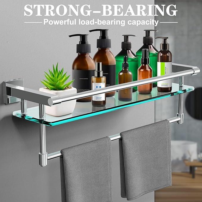 Bathroom Glass Shelf with Towel Rack Organizer Wall-Mounted Bathroom Storage SUS304 Stainless Steel Towel Bar/Track Wall-Mounted Tempered Glass Shelves (Chrome Polished, 20-inch) - ModernBath