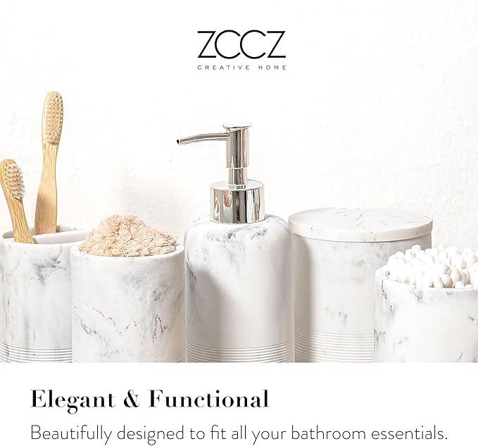 ZCCZ White Marble Bathroom Accessories Set 6 Pieces - Toothbrush Holder, Lotion Dispenser, Qtip Container, Vanity Tray, Tumbler - Countertop Organizer for Bathrooms - Elegant and Functional Décor Set - ModernBath