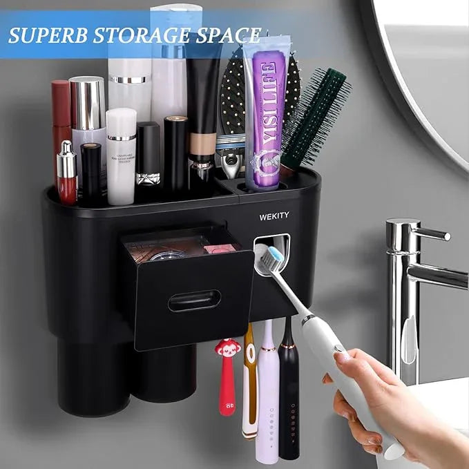 Wekity Multifunctional Wall-Mounted Toothbrush Holder, Automatic Toothpaste Dispenser Space Saving Toothbrush and Toothpaste Holder, with 2 Cups and Drawers Cosmetic Organizer (Black) - ModernBath