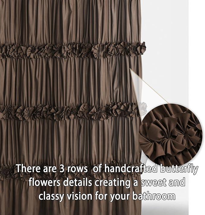 Homechoice Decor Chocolate Ruffle Shower Curtain, Vintage Handcrafted Bow Tie Bath Curtain for Master Bathroom, Ruched Microfiber Bathroom Curtain with 12 Buttonholes, 72" W x 72" H (LQ-10) - ModernBath