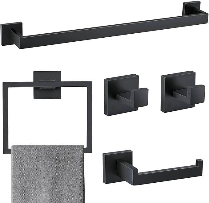 5 Pieces Bathroom Hardware Accessories Set Matte Black Towel Bar Set Towel Holder Racks Set for Bathroom,SUS304 Stainless Steel,Wall Mounted 23.6-Inch - ModernBath