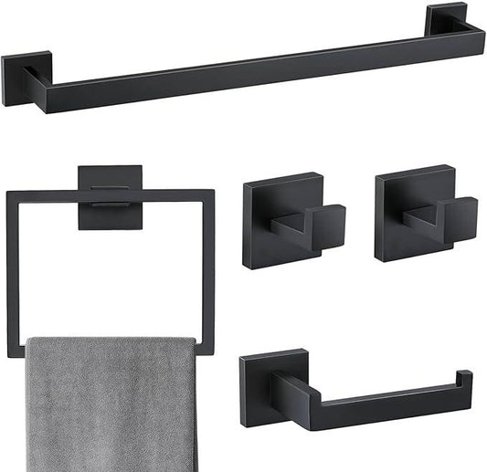 5 Pieces Bathroom Hardware Accessories Set Matte Black Towel Bar Set Towel Holder Racks Set for Bathroom,SUS304 Stainless Steel,Wall Mounted 23.6-Inch - ModernBath