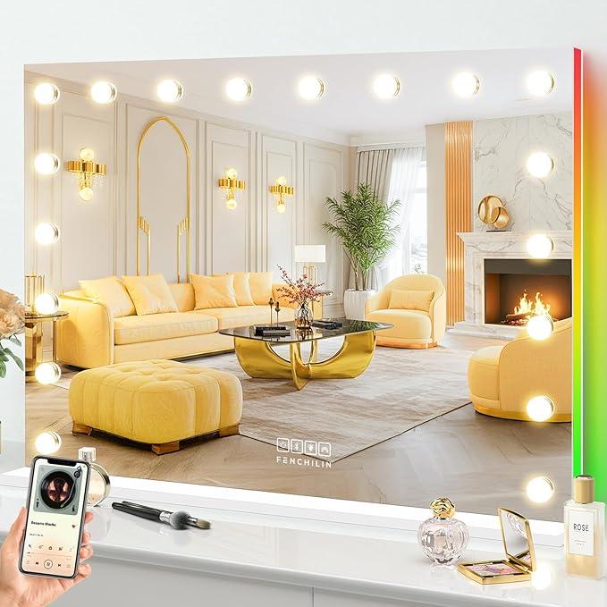 FENCHILIN 32 x 23 Inch RGB LED Vanity Mirror with Light and RGB Backlit Hollywood Lighted Makeup Mirror, Smart Touch Control Light Mirror with Memory Function - ModernBath