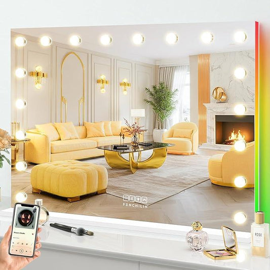FENCHILIN 32 x 23 Inch RGB LED Vanity Mirror with Light and RGB Backlit Hollywood Lighted Makeup Mirror, Smart Touch Control Light Mirror with Memory Function - ModernBath