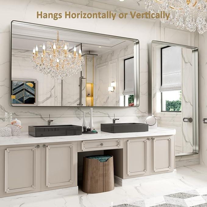 LOAAO 84X32 Inch Brushed Nickel Bathroom Mirror, Rounded Rectangle Silver Metal Frame Mirror, Brushed Nickel, Anti-Rust, Hangs Horizontally or Vertically - ModernBath