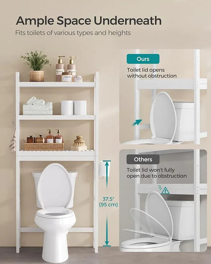 SONGMICS Over The Toilet Storage, 3-Tier Over Toilet Bathroom Organizer with Adjustable Shelf, 10.2 x 24.8 x 66.9 Inches, Space-Saving, Cloud White UBTS01WT - ModernBath