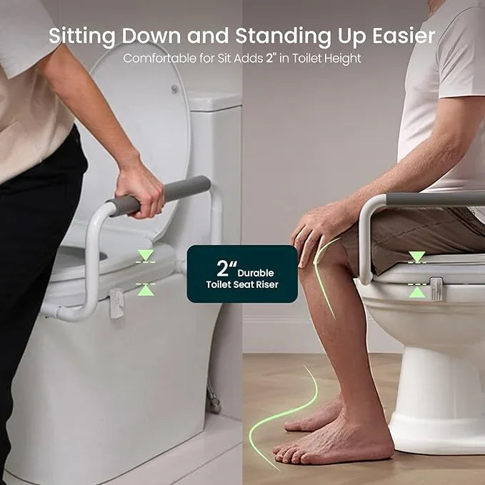 R&T 2" Toilet Seat Riser with Handles – Comfortable Raised Toilet Seat for Seniors, Fits for Elongated Toilets, Elevated Seat with Soft Grey Padded Arms for Bathroom - ModernBath