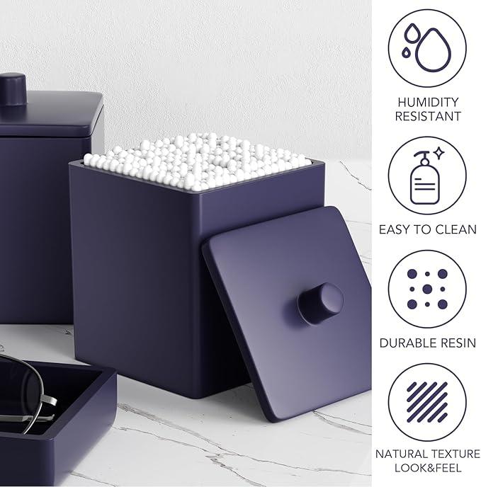Navy Blue Bathroom Accessories Set Resin 6PCS, Square Toothbrush Holders Set Complete with Soap Dispenser, Vanity Tray, Tumbler, Cups and Cotton Swab Jars for Counter, Sink or Small Spaces - ModernBath