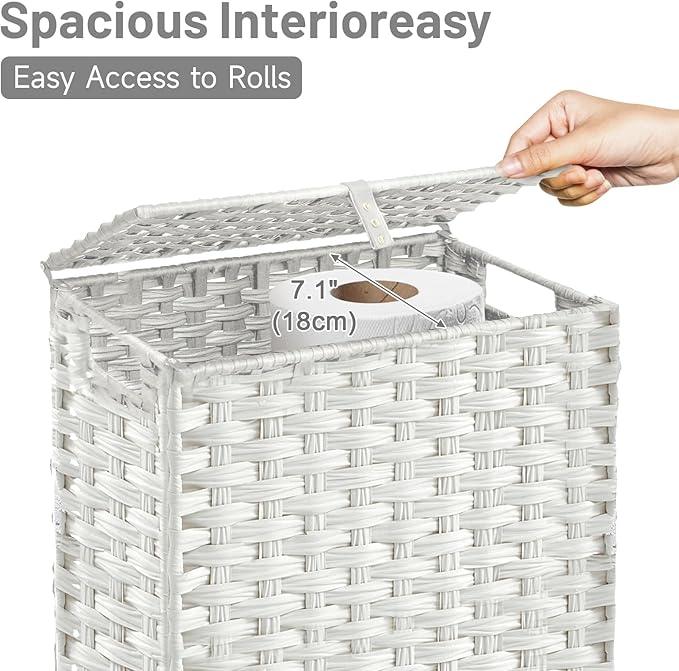 Hiagnete Toilet Paper Storage Basket with Lid and Wheels, Rattan Toilet Paper Holder Storage, Toilet Paper Organizer for Bathroom, Bedroom, Kitchen, 12.6”L x 7.1”W x 17.14”H, White - ModernBath