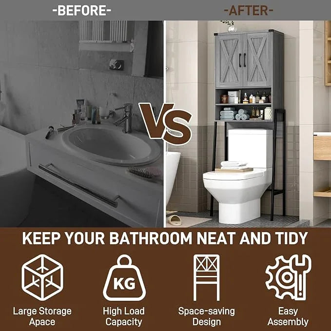 Vabches Over The Toilet Storage Cabinet, Farmhouse Over Toilet Storage Cabinet, Metal Frame with 2 Barn Doors, Home Space-Saving Toilet Rack for Bathroom, Toilet, Laundry Room. - ModernBath