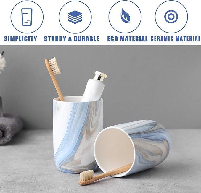 Blue Marble Toothbrush Holders - Ceramic Toothbrush Holders for Bathrooms, Toothbrush Toothpaste Holders, Marble Bathroom Tumbler Cups Reusable Toothbrush Mouthwash Cup, Bathroom Counter Organizer - ModernBath