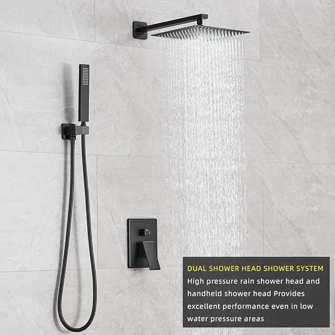 Heable Matte Black Shower System 12 Inches Bathroom Luxury Rain Shower Head with Handheld Combo Set Wall Mounted High Pressure Rainfall Shower Head System Shower Faucet with Valve and Trim Kit - ModernBath
