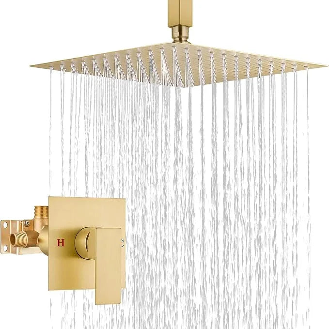 Airuida Shower Faucet Set and Handle Set Single Function Shower Trim Kit Ceiling Mount Rainfall Shower System with Male Threads and Rough-in Valve 12 Inch Square Shower Head Brushed Gold - ModernBath
