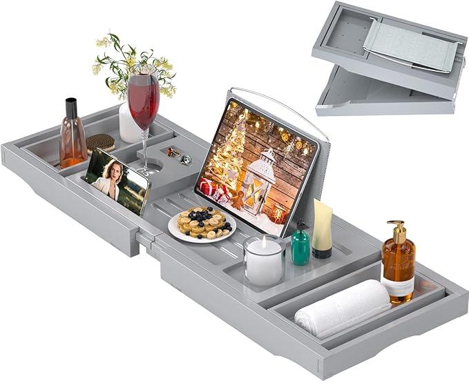 Bathtub Caddy Tray for Tub,Foldable Bath Table Trays,Bamboo Shelf with Book and Wine Glass Holder,Bathroom Accessories Suitable for Luxury Spa or Reading,Gray - ModernBath