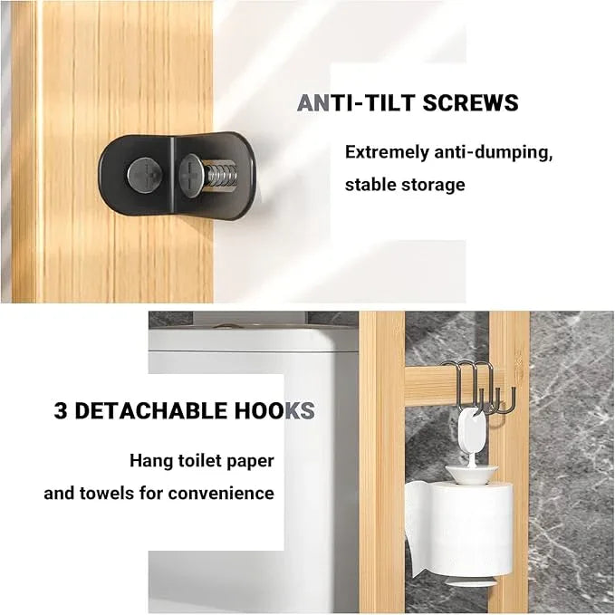 Homykic Over The Toilet Storage, 3-Tier Bamboo Bathroom Shelf with 3 Hooks, Above Toilet Organizer Rack Freestanding for Small Space, Restroom, Laundry, Easy Assembly, Natural - ModernBath