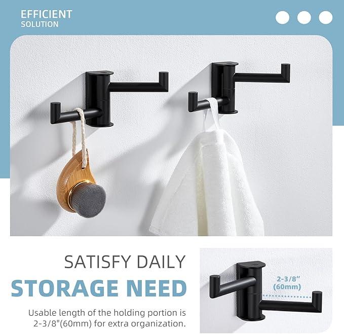 Angle Simple Swivel Towel Hook Matte Black 2 Pack, 304 Stainless Steel Double Robe Hook for Bathroom - ModernBath