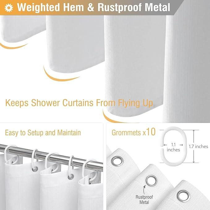 BTTN Fabric Shower Curtain, Linen Textured Heavy Duty Polyester Cloth Shower Curtain Set with Plastic Hooks, White, 60" W x 84" L (Pack of 1) - ModernBath