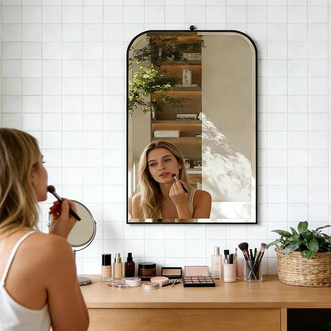 POZINO Beveled Mirror Over Sink, 22"x35" Black Arched Bathroom Mirror, Modern Rounded Rectangle Mirrors with Stainless Steel Frame, Vanity Wall Mirrors for Bedroom Living Room Entryway Fireplace - ModernBath