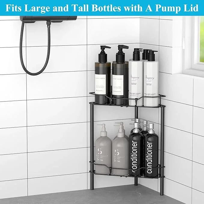 2 Tier Floor Standing Corner Shower Caddy Organizer Shelf with Hooks, Bathroom Shelves Stand Rack, Black - ModernBath