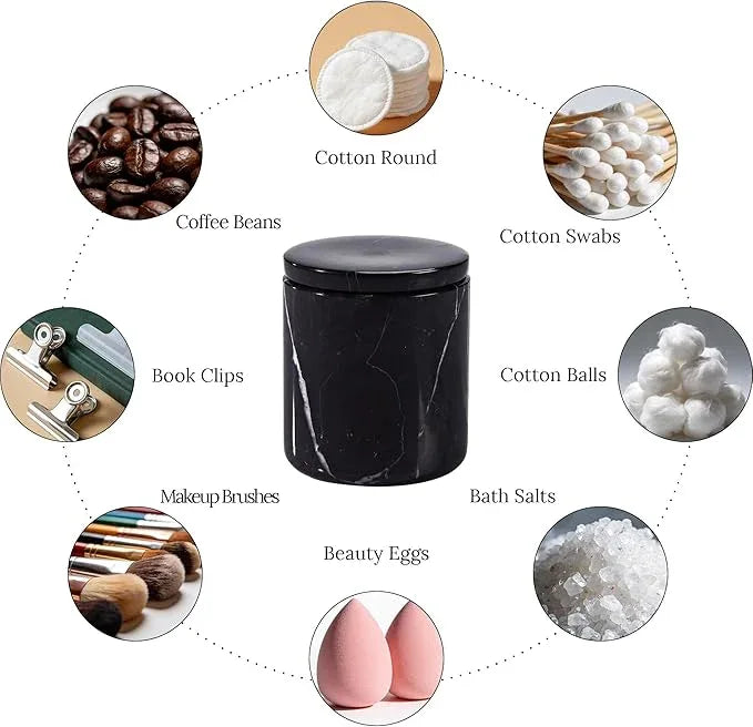 Black Marble Canister, Natural Otip Holder Dispenser with Lid, 3 x 3.5 Inch Cylinder Canister, High Capacity Bathroom Qtip Holder Storage for Cotton Swab, Floss Picks, Makeup Pad (Small) - ModernBath