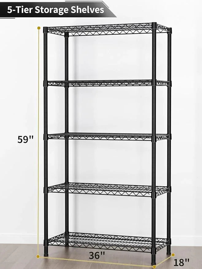 5 Tier Heavy Duty Adjustable Storage Shelf Organizer Storage Metal Shelves Garage Wire Shelving Unit Pantry Rack 18" D x 36" W x 71.25" H,Black - ModernBath