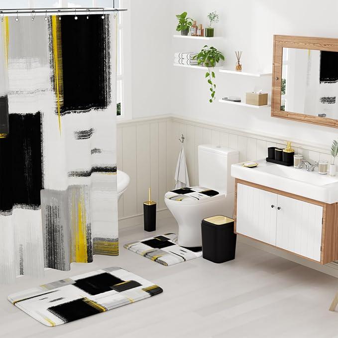 XLHOMO Bathroom Accessories Set - 25PC Bathroom Set with Shower Curtain and Rugs, Black Bathroom Set, Bathroom Accessory Set with Press-on Lid Trash Can, Soap Dispenser and Qtip Holders - ModernBath