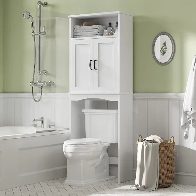 Over The Toilet Storage Cabinet, Over Toilet Bathroom Organizer with Adjustable Shelf and Double Doors, Space Saver Shelf Above Toilet Storage Cabinet (White) - ModernBath