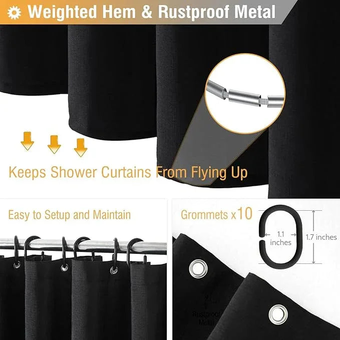 BTTN Stall Fabric Shower Curtain - 60x84 Inch Long Linen Textured Heavy Duty Shower Cloth Curtain Set with 10 Plastic Hooks, Narrow Decorative Neutral Waterproof Shower Curtains for Bathroom, Black - ModernBath