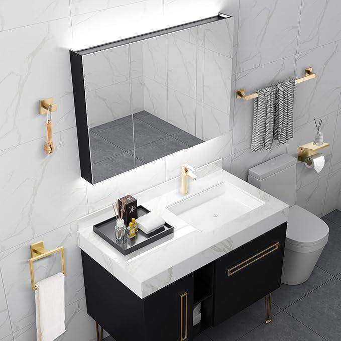 Brushed Gold Bathroom Towel Bar Holder Sets Premium Stainless Steel 4-Piece Bathroom Hardware Set Wall Mounted Bathroom Toilet Paper Holder with Shelf Set. - ModernBath