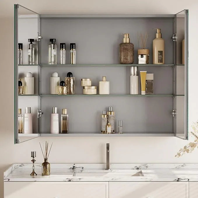 Bathroom Medicine Cabinet Mirror with Storage, 36 Inch x 26 Inch Silver Medicine Cabinet with Double Door & Adjustable Shelves for Vanity, Aluminum Surface, Wall-Mount or Recessed - ModernBath