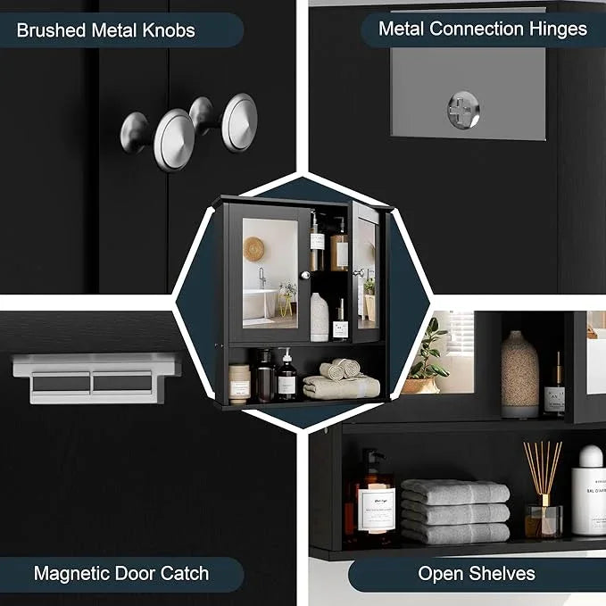 SUNLEI Medicine Cabinets with Open Shelves for Bathroom Organizer, Over The Toilet Storage Cabinet with Doors and Shelves, Bathroom Cabinet Wall Mounted with Mirror Door, Classic Black - ModernBath