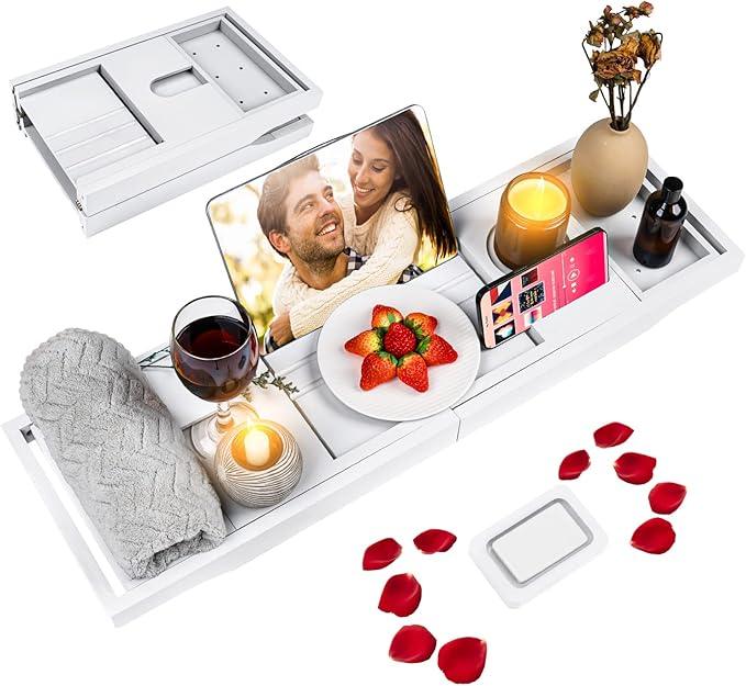 Foldable Bathtub Caddy Tray, Bamboo Bath Tub Tray Table for Tub with Wine Glass Holder Book Phone Tablet Holder with Extending Sides, Adjustable Bathroom Bathtub Free Soap Holder Gift Idea (White) - ModernBath