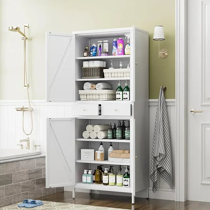 72.9" H Metal Pantry Cabinet, 4 Doors Kitchen Pantry Storage Cabinets with 2 Drawers, for Home Office Bathroom, Required Assembly, White - ModernBath