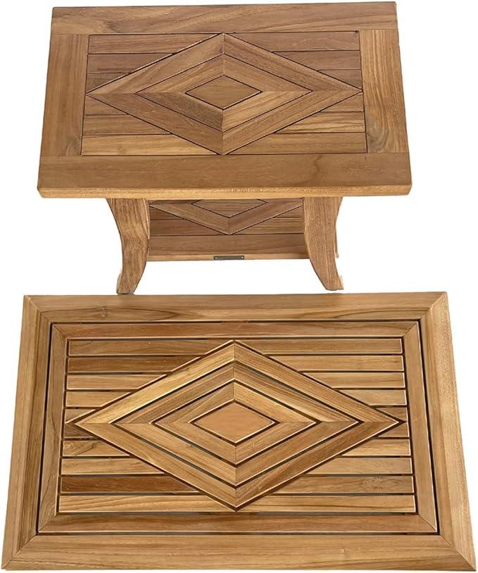 Bayview Patio Nautica Teak Shower Bench with Shelf, Shower Stool for Bath Tub or Spa or Sauna, Shower Bench for Elderly, Indoor, Outdoor Bathroom Stool Bench, Shower Seat, Teak Side End Table - ModernBath