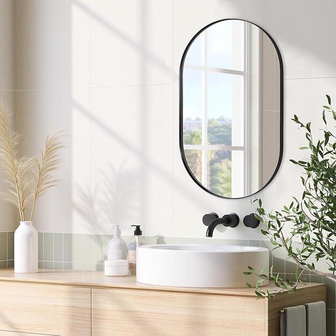 ANDY STAR Black Oval Mirror, 20x33’’ Oval Mirrors for Bathroom, Pill Shaped Mirror, Black Mirror Vanity, Modern Black Mirror for Bathroom Stainless Steel Metal Framed Wall-Mounted Mirrors - ModernBath