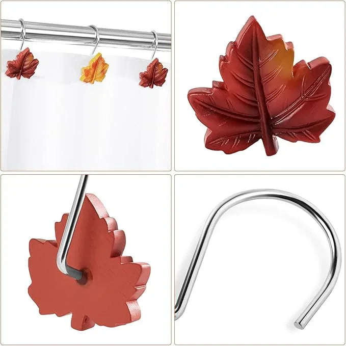 Gibelle 12PCS Maple Leaf Shower Curtain Hooks, Orange Red Decorative Leaves Fall Shower Curtain Hooks Metal Rustproof Cute Autumn Fall Leaves Shower Curtain Rings Bathroom Decoration Accessories - ModernBath