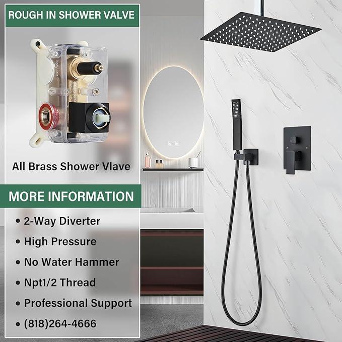 Shower Faucet Set Matte Balck Rain Shower System with High Pressure 10 Inches Rain Shower Head and Handheld Spray Bathroom Luxury Rain Mixer Shower Complete Combo Set Ceiling Mounted - ModernBath
