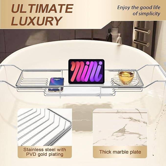 BVL Bathtub Tray Stainless Steel with Marble Base Chrome Bathtub Tray with White Marble Base Adjustable & Rustproof Bath Caddy for Spa, Relaxation, Bath Bombs - ModernBath