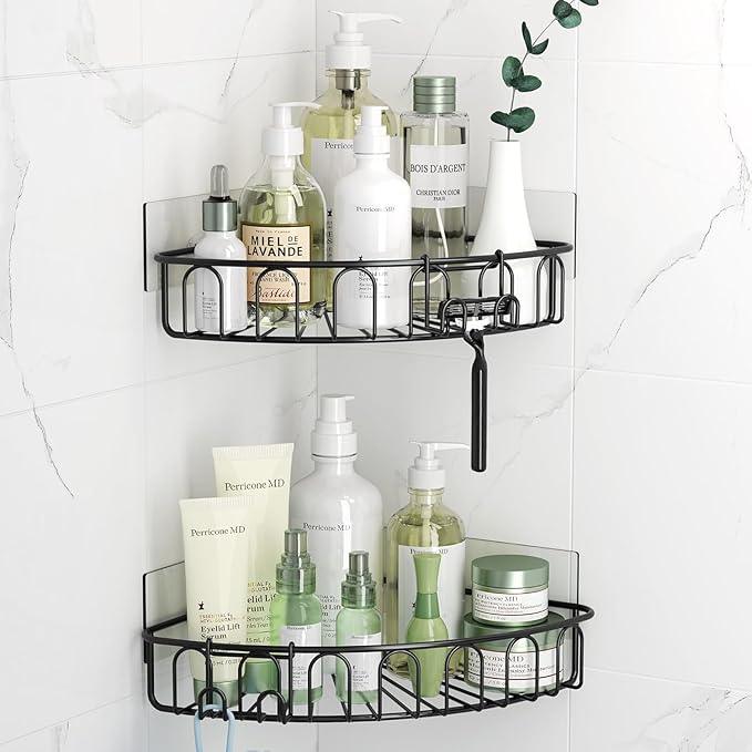 Orimade Corner Shower Caddy with 2 Hooks Wall Mounted Metal Bathroom Shelf Storage Organizer Adhesive No Drilling 2 Pack, Black Only for 90-Degree Corner - ModernBath