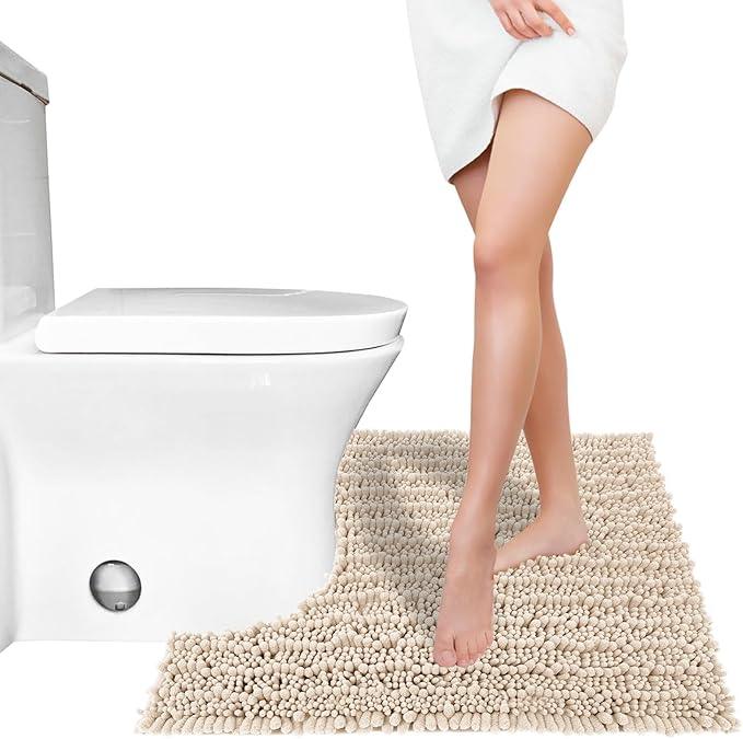 Yimobra Toilet Rug U Shaped Washable 24x20 Inch - Ultra Soft Absorbent Chenille Bath Rugs for Toilet, Quick Dry & Machine Washable, Non Slip Contour Bathroom Mat, Light Brown - ModernBath