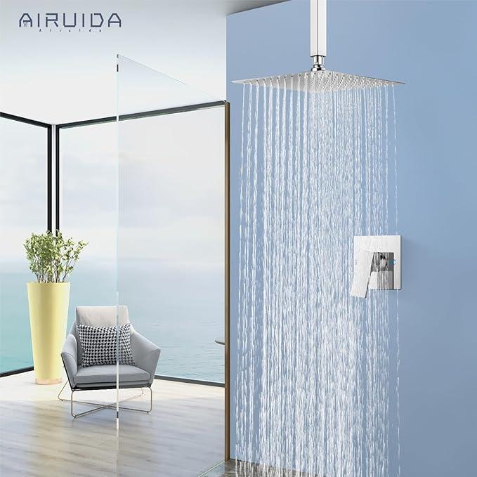 Airuida Shower Faucet Set and Handle Set Single Function Shower Trim Kit Ceiling Mount Rainfall Shower System with Male Threads and Rough-in Valve 10 Inch Square Shower Head Chrome Polish - ModernBath