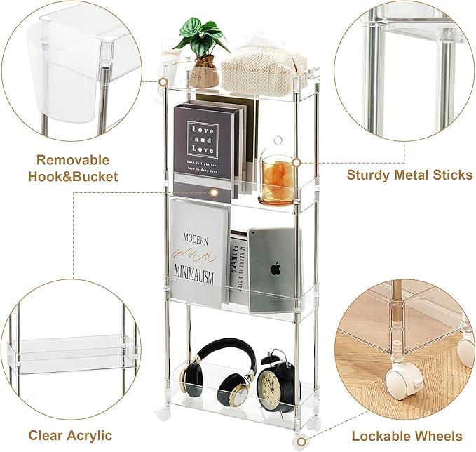 VECELO Acrylic 4-Tier Rolling Cart, Slim Utility Cart for Storage, Mobile Storage Cart with Lockable Wheels Hooks&Bucket for Office,Kitchen,Laundry Room Bathroom Living Room, Clear - ModernBath