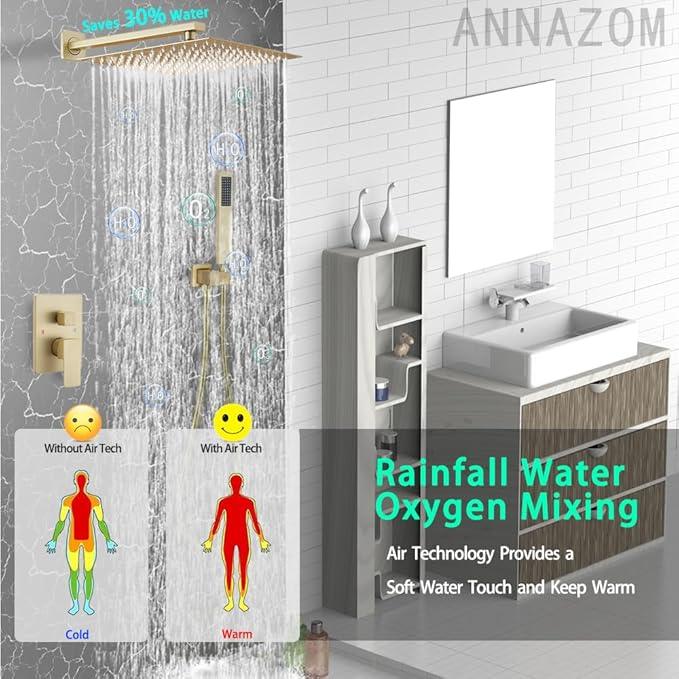 annazom Rain Shower System 12 Inch Ultra Large Shower Head High Pressure Brushed Gold Surface Dual Function Shower Vavle Trim Kit - ModernBath