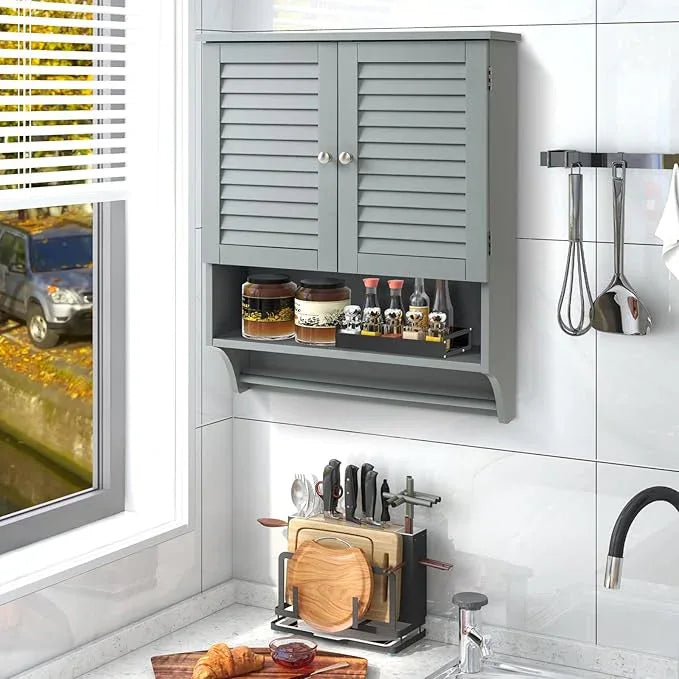 Giantex Medicine Cabinet with 2 Louvered Doors, 3-Position Adjustable Shelf, Towel Bar, Wall Mounted Bathroom Cabinet Above Toilet, Over The Toilet Space Saver (Grey) - ModernBath