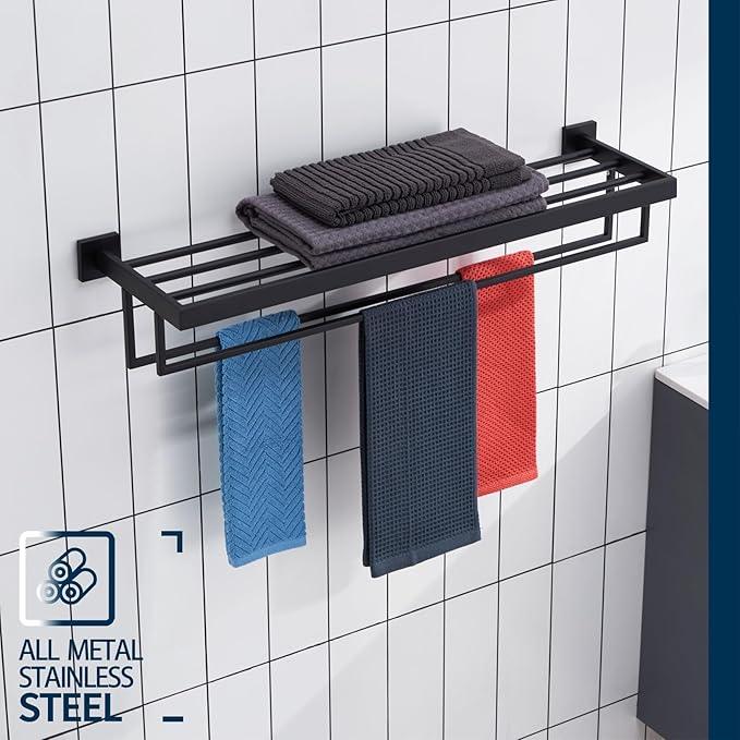 KOKOSIRI Black Towel Rack 32'' Bathroom Towel Shelf with Double Towel Bars SUS304 Matte Black Stainless Steel Wall Mounted, B6003BK-L32 - ModernBath